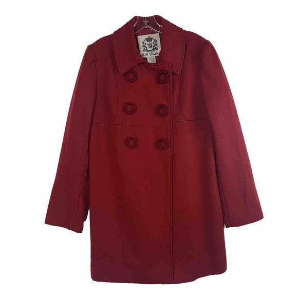 BB Dakota Women's Wool Blend Pea Coat Large Red Fully Lined Snap Button Close - Picture 1 of 9